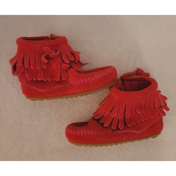 Minnetonka Pink Double Fringe Side Zip Boot Size 4 - Picture 8 of 10